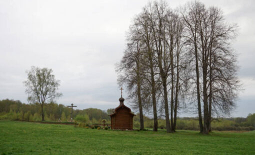 View of the Spaso-Borodino monastery on the Borodino field in the Moscow region in the spring