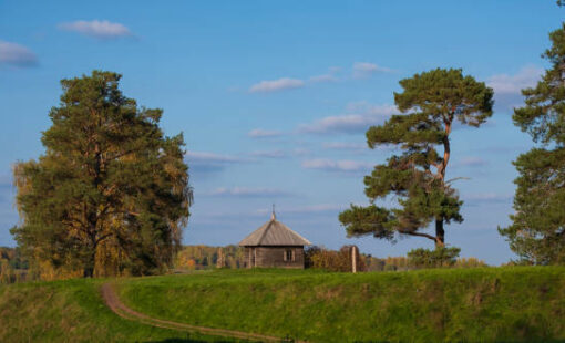 Small wooden chapel in the Pushkin Hills. Pskov region. Russia